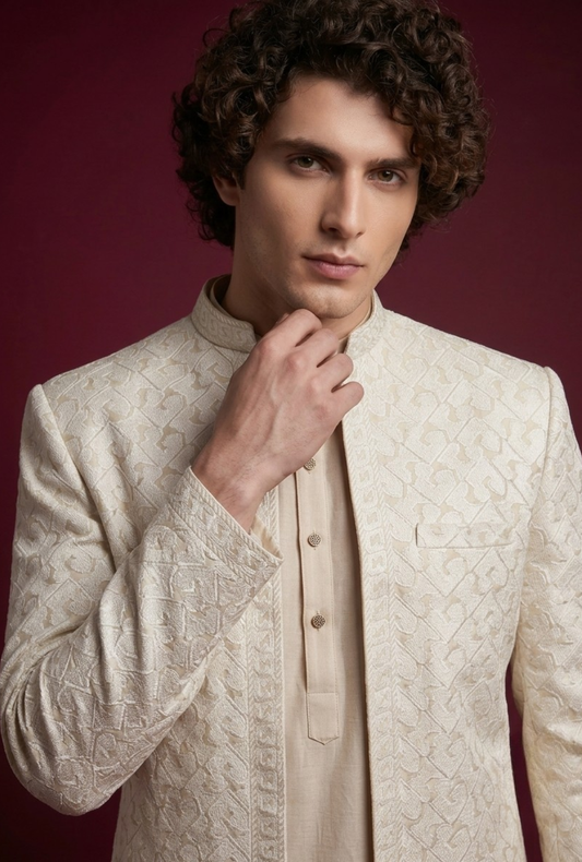 Moseeqi – Premium Satin Viscose Embroidered Geometrical Printed Sherwani