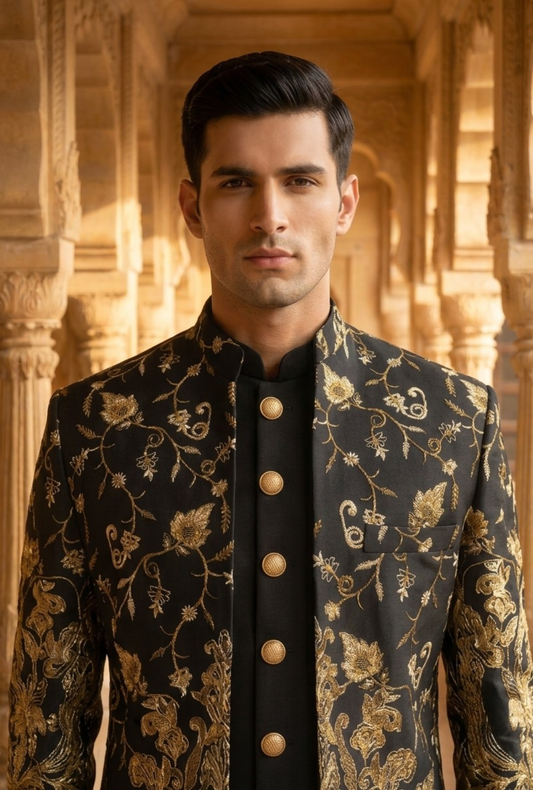 Mughal E Zar – Premium Cotton Silk Total Zari Floral Bunch Sherwani