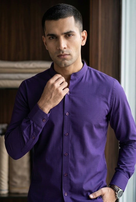 Cotton Linen-Royal Amethyst Mandarian Shirt