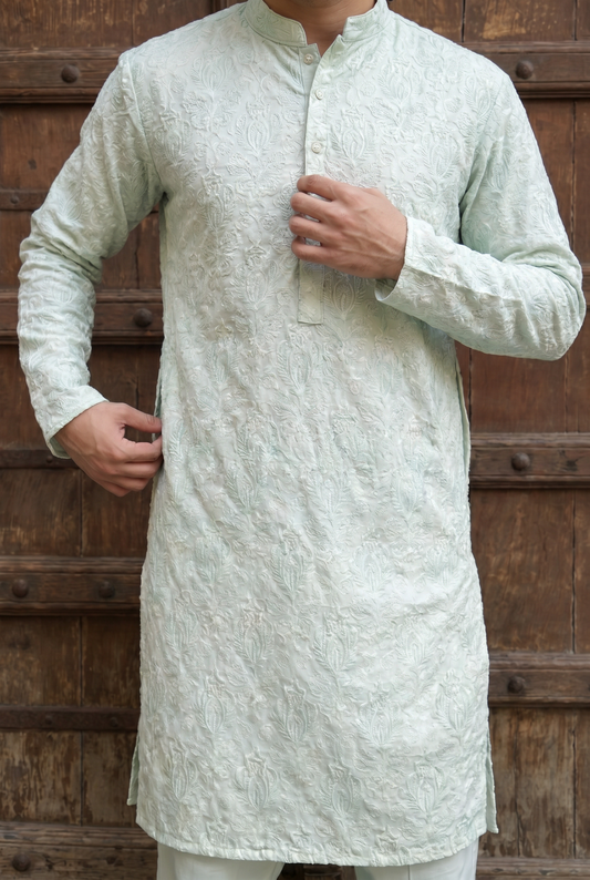 Nazakat – Premium Ice Mint Cotton Silk Embroidered Wedding Kurta