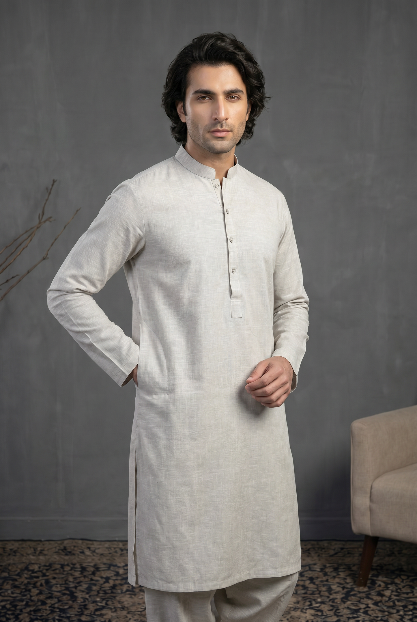 Rustam – Premium Ash Grey Slub Cotton Kurta