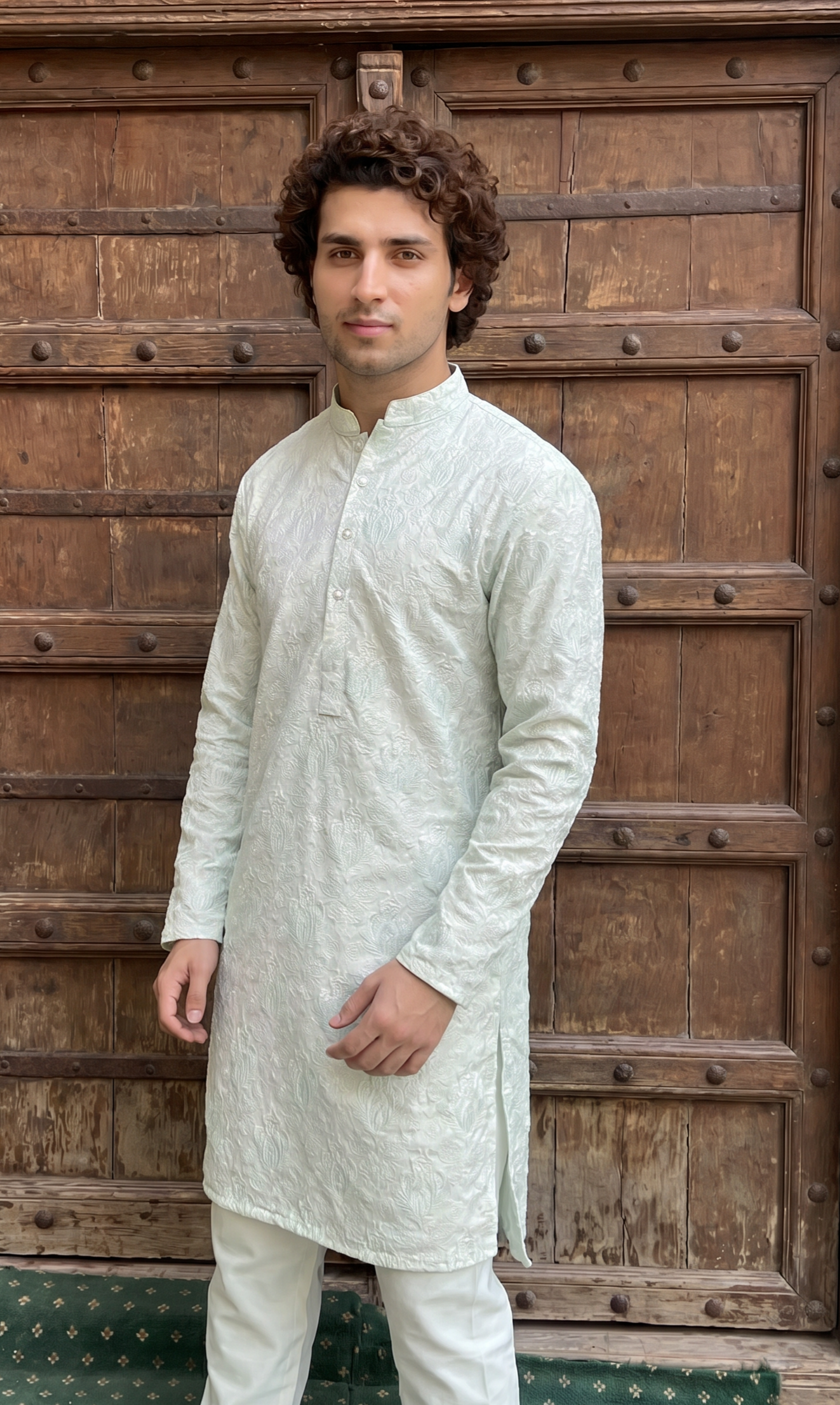 Nazakat – Premium Ice Mint Cotton Silk Embroidered Wedding Kurta