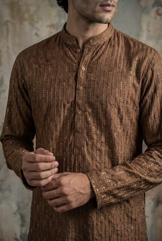 Zar-Ghun – Premium Copper Brown Cotton Silk Embroidered Wedding Kurta