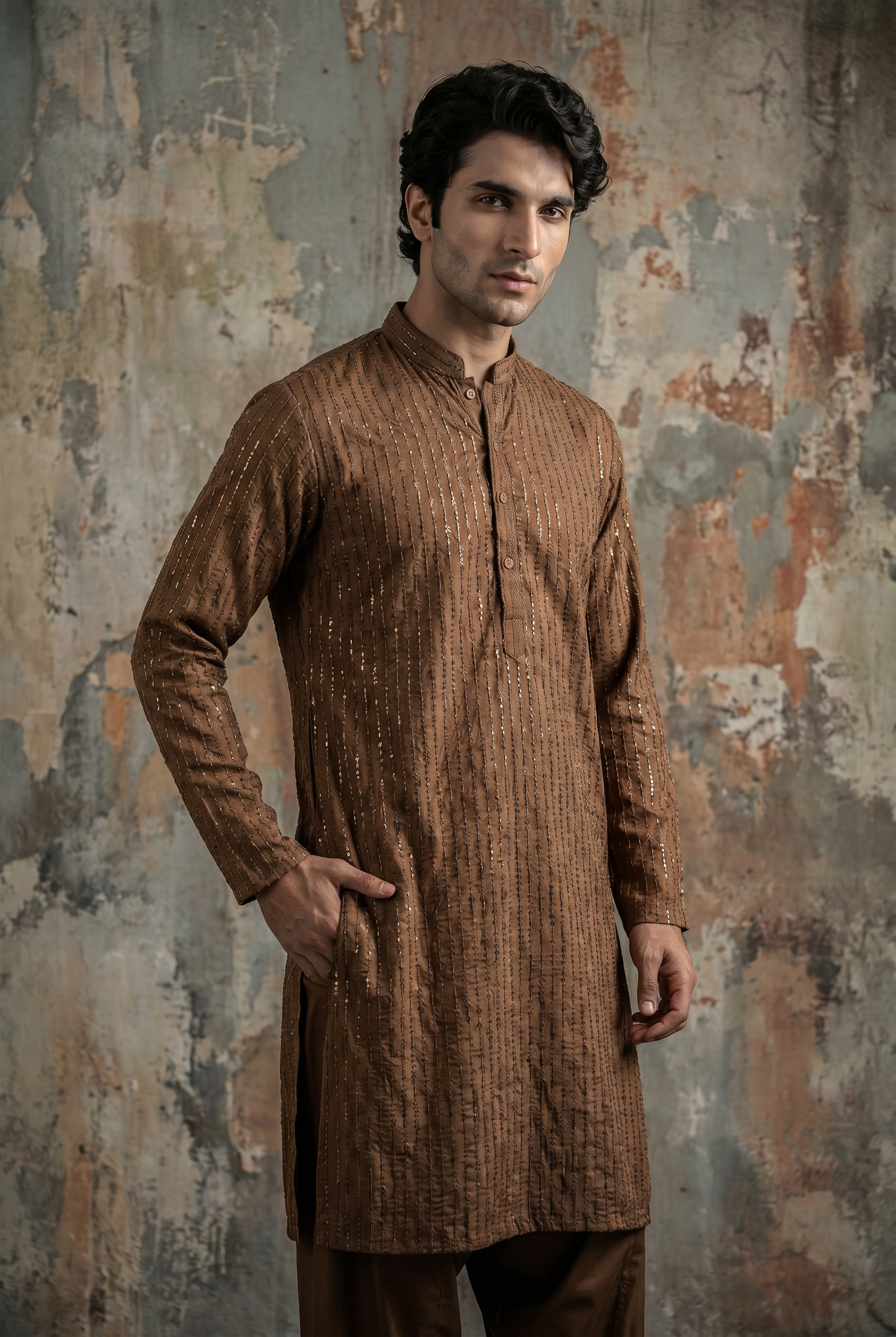 Zar-Ghun – Premium Copper Brown Cotton Silk Embroidered Wedding Kurta