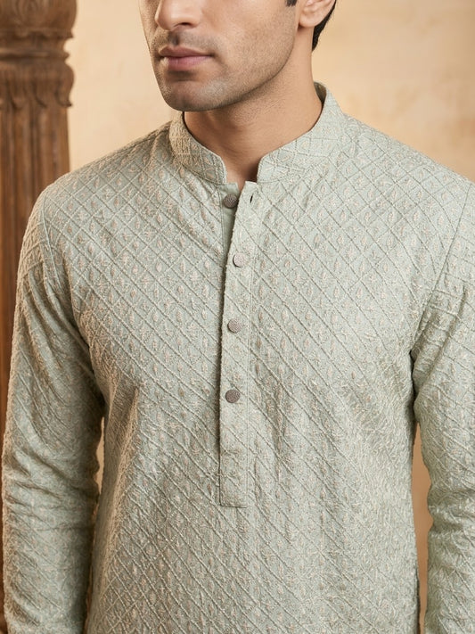 Kundan – Premium Sage Green Cotton Silk Embroidered Wedding Kurta
