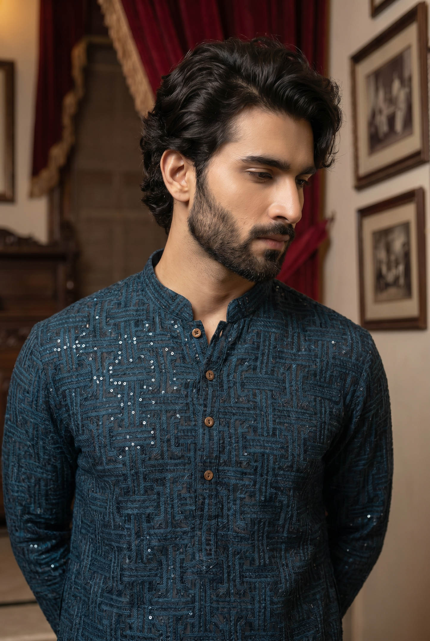 Naksh – Premium Deep Teal Blue Cotton Silk Embroidered Wedding Kurta