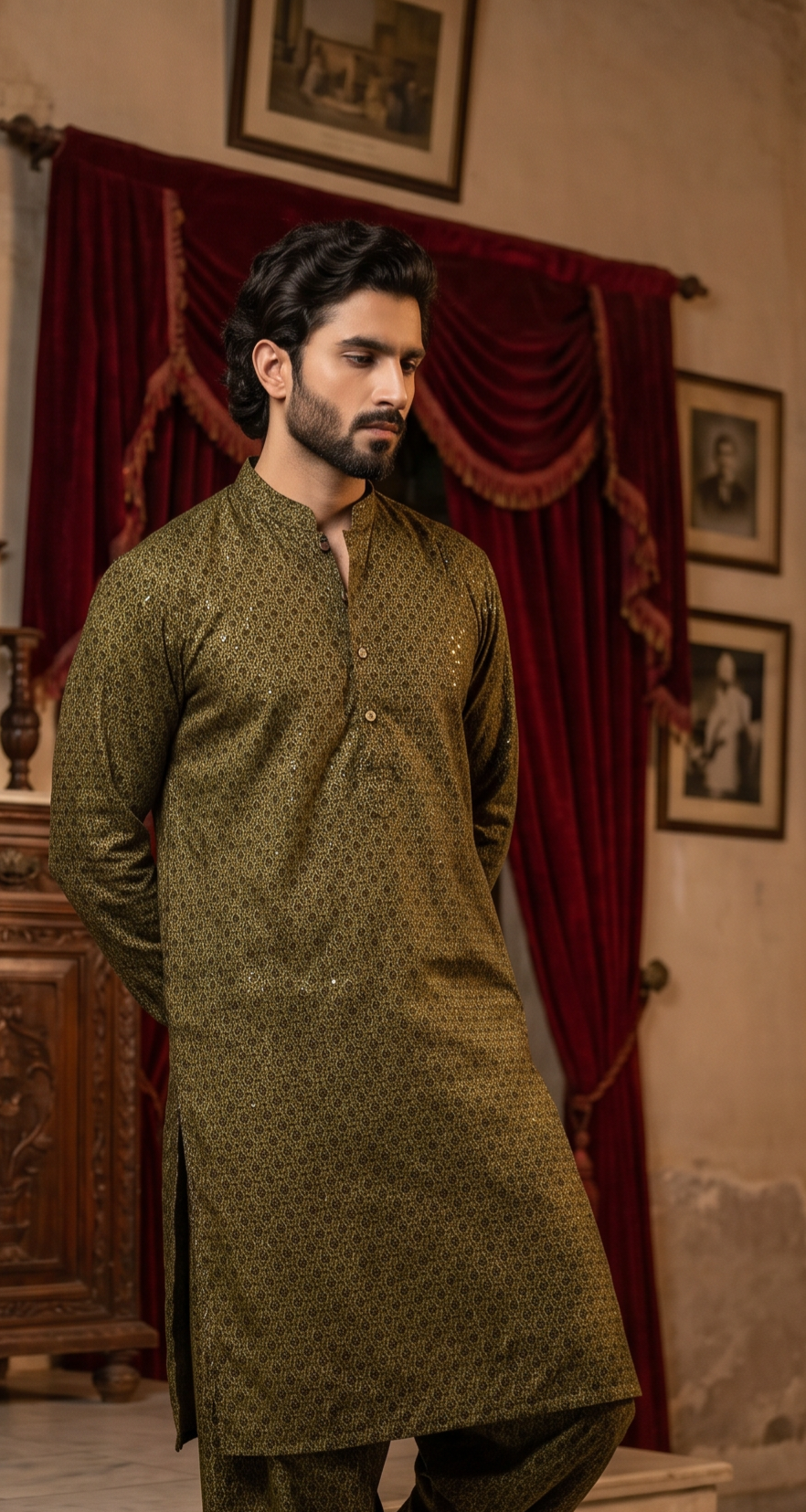 Shehzada – Premium Mehndi Cotton Silk Embroidered Wedding Kurta