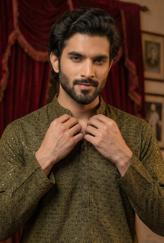 Shehzada – Premium Mehndi Cotton Silk Embroidered Wedding Kurta