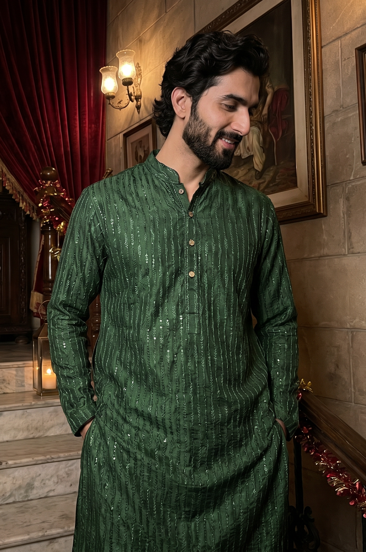 Bazm – Premium Dark Green Cotton Silk Embroidered Wedding Kurta