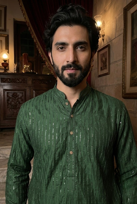 Bazm – Premium Dark Green Cotton Silk Embroidered Wedding Kurta