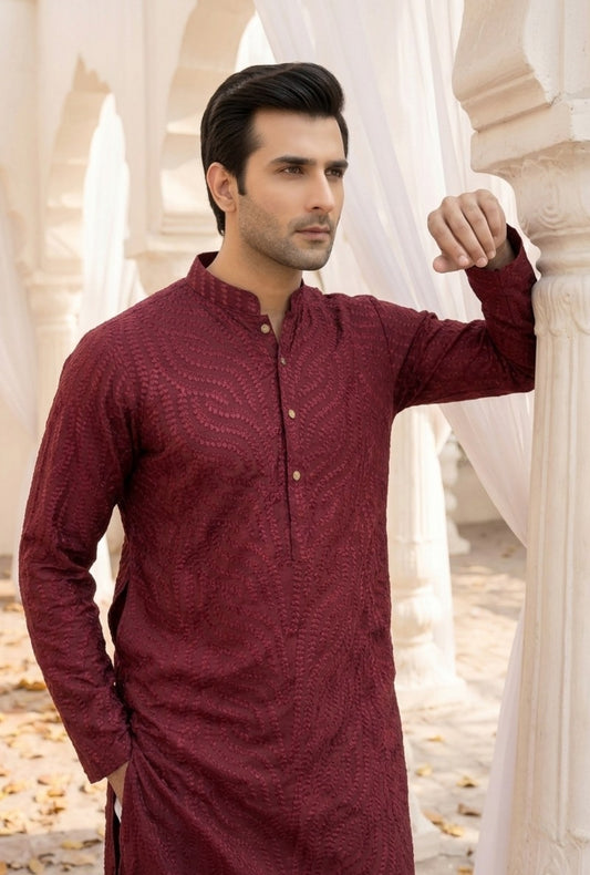 Rangrez – Premium Red Cotton Silk Embroidered Wedding Kurta