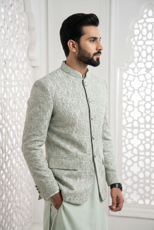 Nawaab – Premium Slate Blue Viscose Raw Silk Embroidered Prince Coat