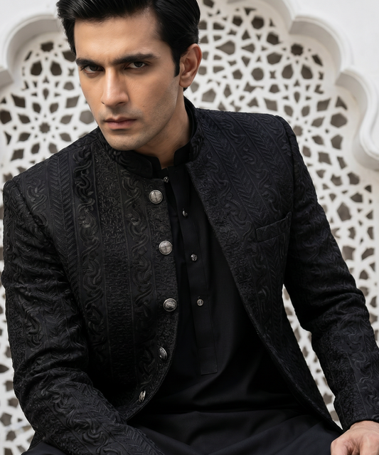 Shaahi – Premium Black Georgette Embroidered Prince Coat