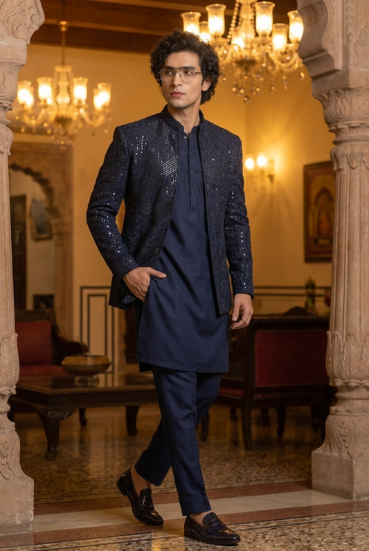 Blue Saltanat – Premium Blue Viscose Raw Silk Embroidered Prince Coat