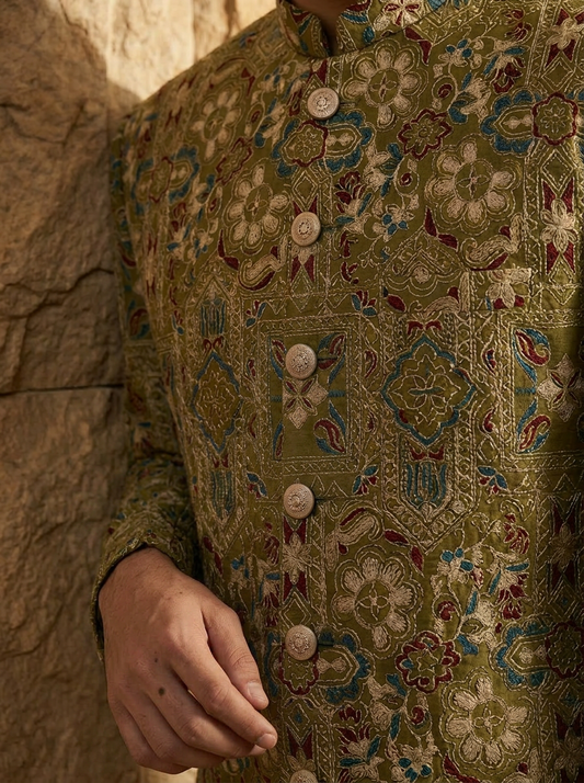 Baagh – Premium Mehandi Cotton Silk Embroidered Prince Coat