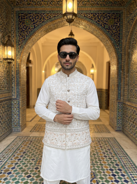 Mah-e-Tamam – Premium Ivory Floral Embroidered Festive Waistcoat