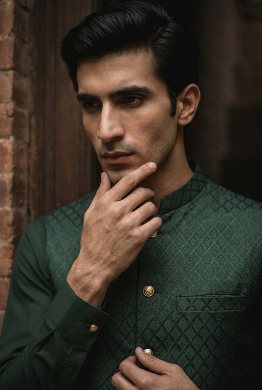 Yusuf – Premium Bottle Green Satin Poly Embroidered Waistcoat
