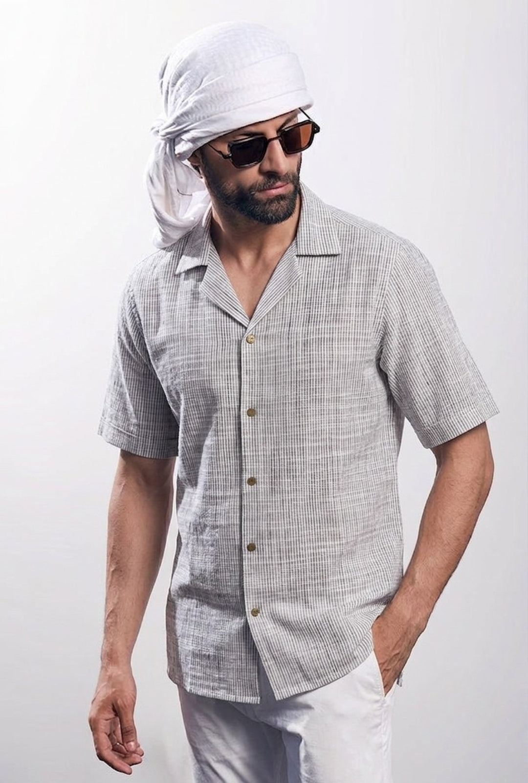 Cotton Linen Cuban Collar – Grey & White Stripes shirt