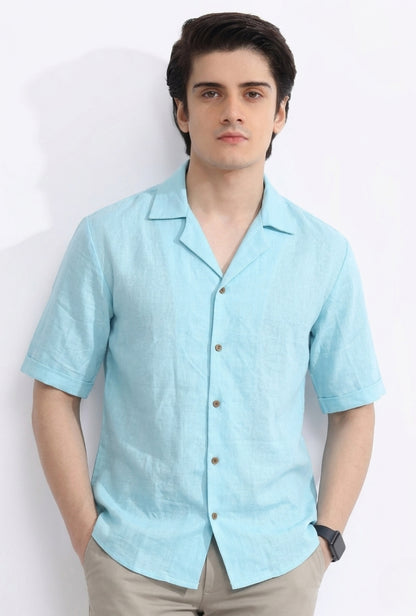 Shirt Irish Linen Cuban Collar – Turquoise
