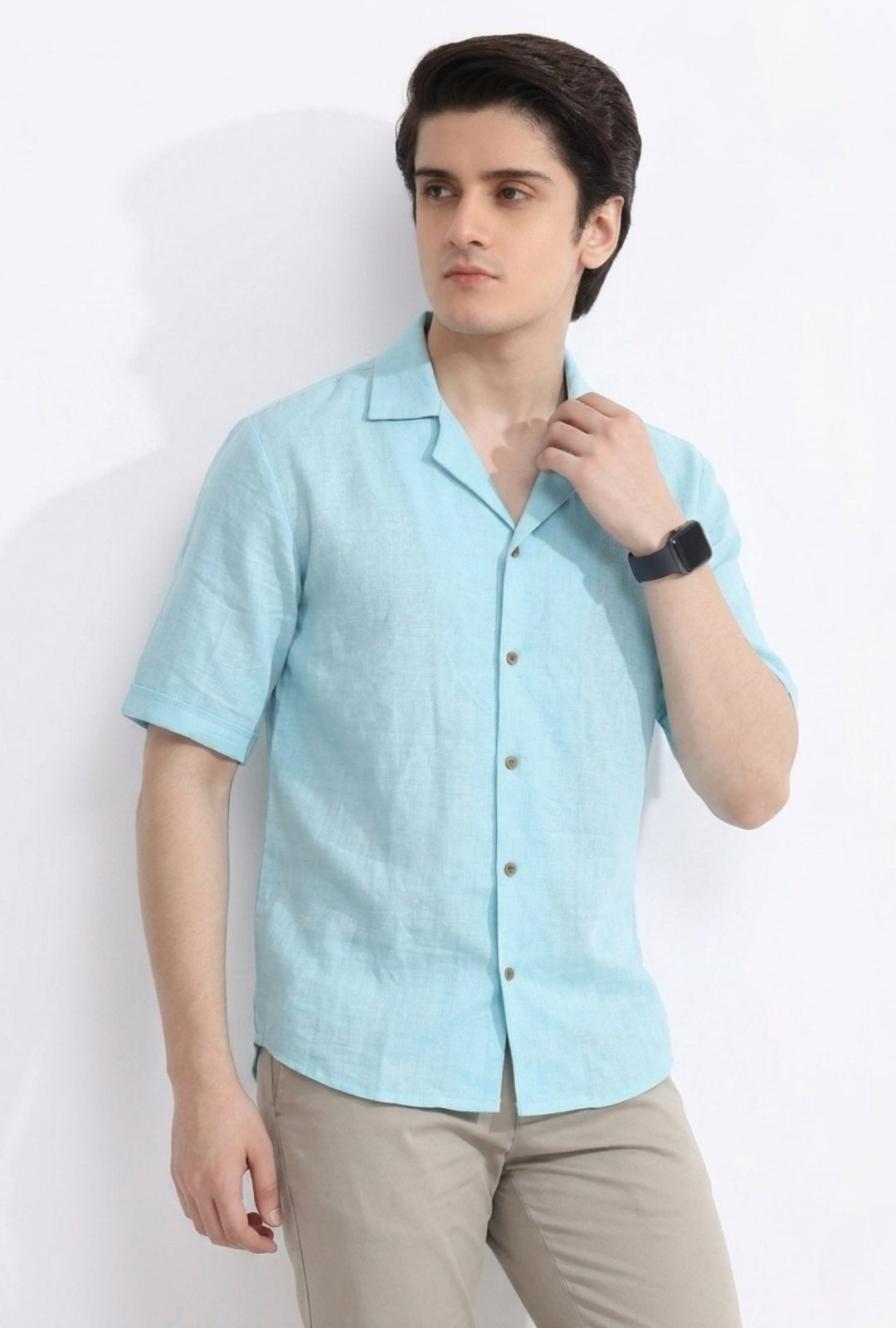 Shirt Irish Linen Cuban Collar – Turquoise