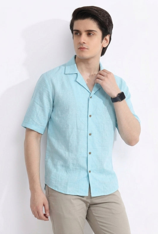 Shirt Irish Linen Cuban Collar – Turquoise