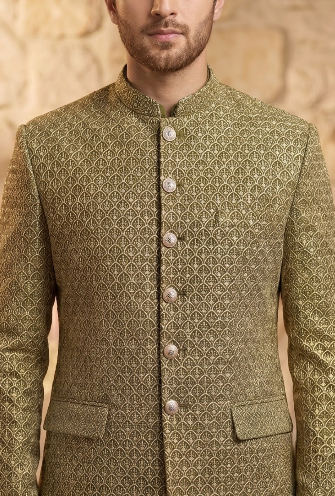 Aali Jah – Premium Mehandi Net Embroidered Prince Coat