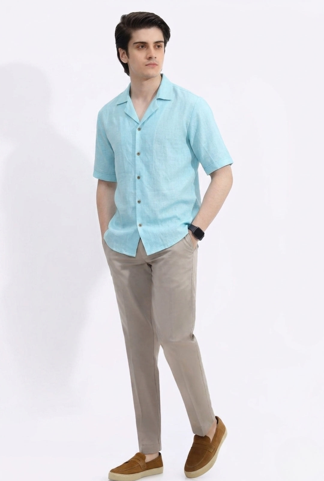Shirt Irish Linen Cuban Collar – Turquoise