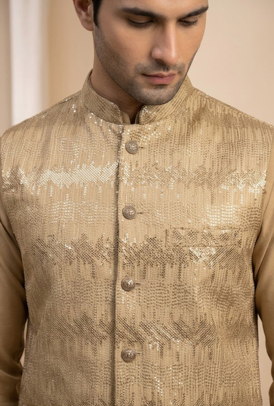 Sultan – Premium Golden Beige Raw Silk Sequence Embroidered Waistcoat