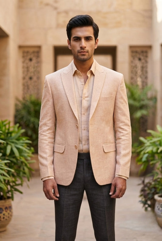 Peach Beige Textured Classic Blazer
