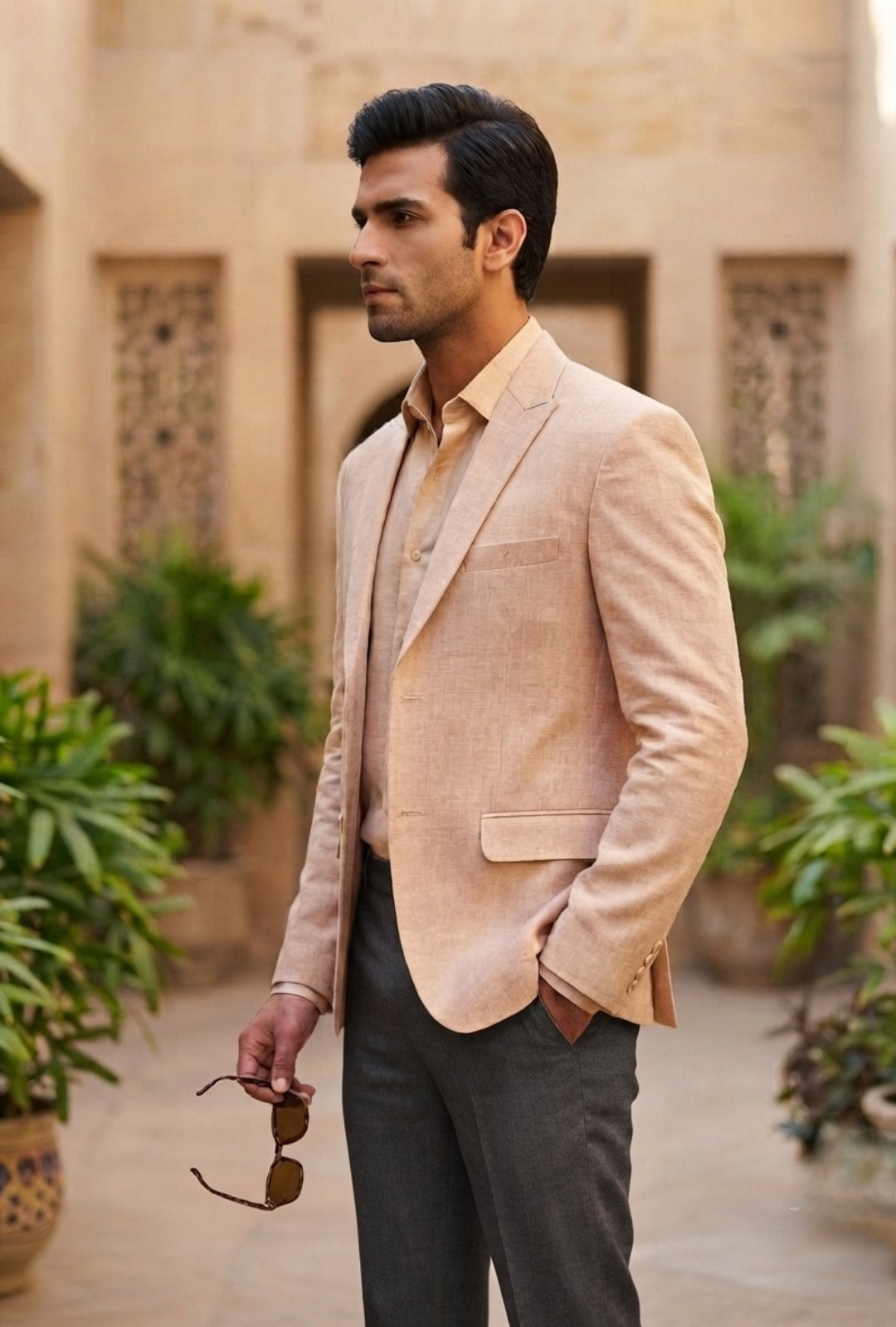 Peach Beige Textured Classic Blazer