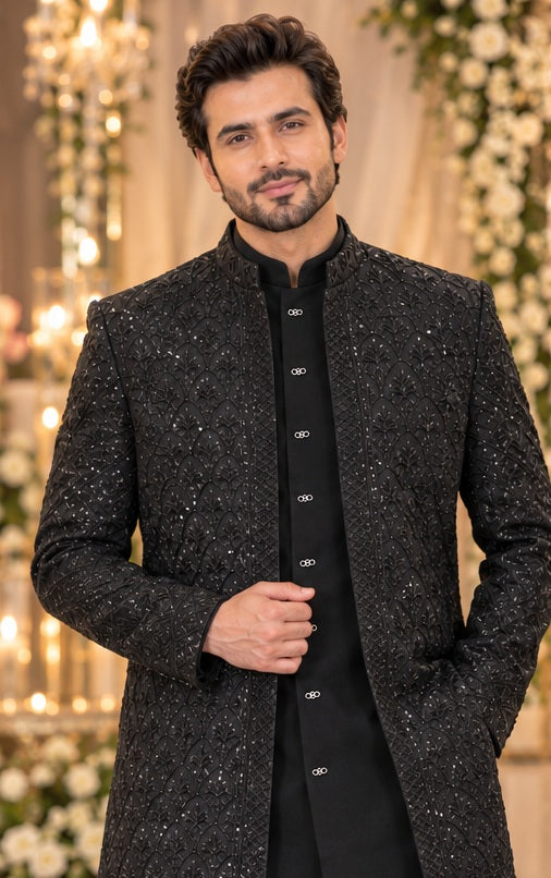 Tajwar - Premium Cotton Silk Paneled Sherwani