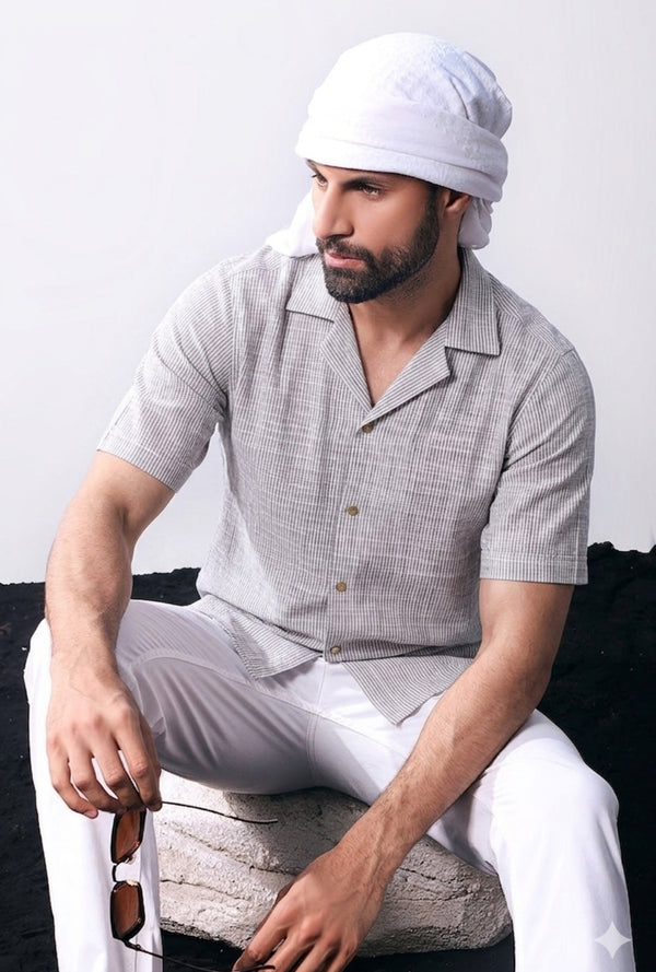 Cotton Linen Cuban Collar – Grey & White Stripes shirt