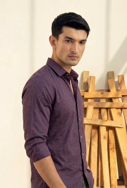 Cotton Mix – Burgundy & Blue Print Shirt