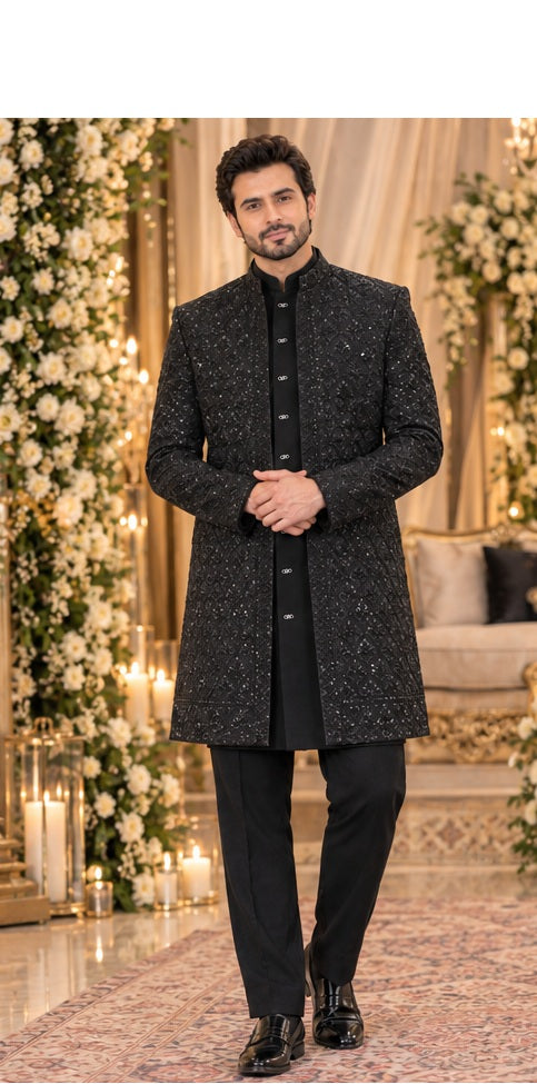 Tajwar - Premium Cotton Silk Paneled Sherwani