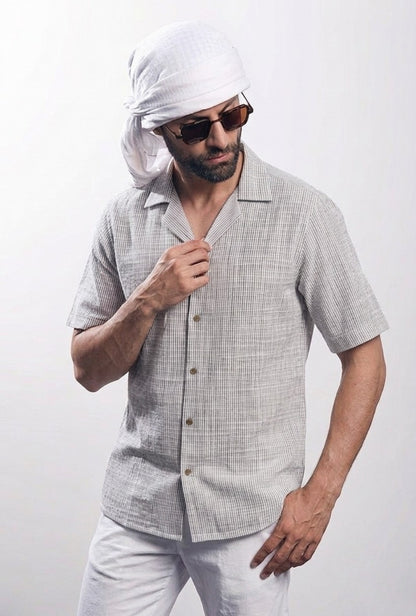 Cotton Linen Cuban Collar – Grey & White Stripes shirt