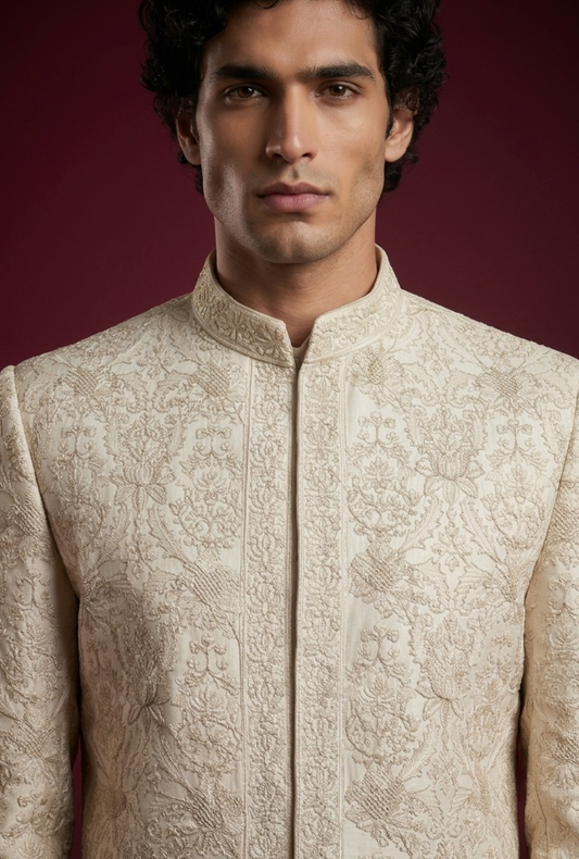 Zaviyar – Premium Satin Polyester & Zari Floral Jaal Printed Sherwani