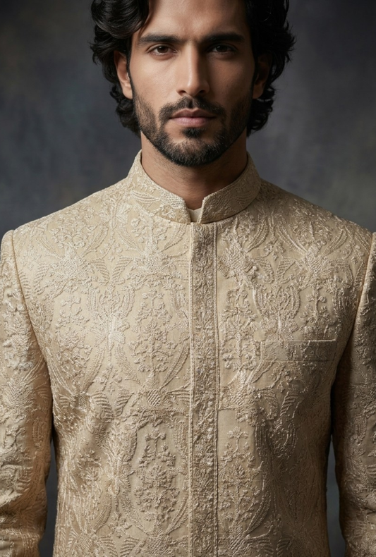 Hunarband – Premium Mesuri Polyester & Zari Floral Jaal Sherwani