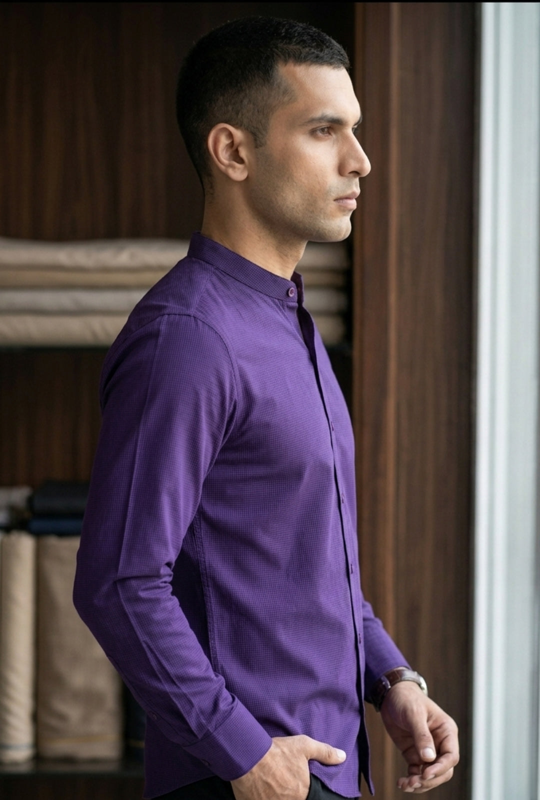 Cotton Linen-Royal Amethyst Mandarian Shirt