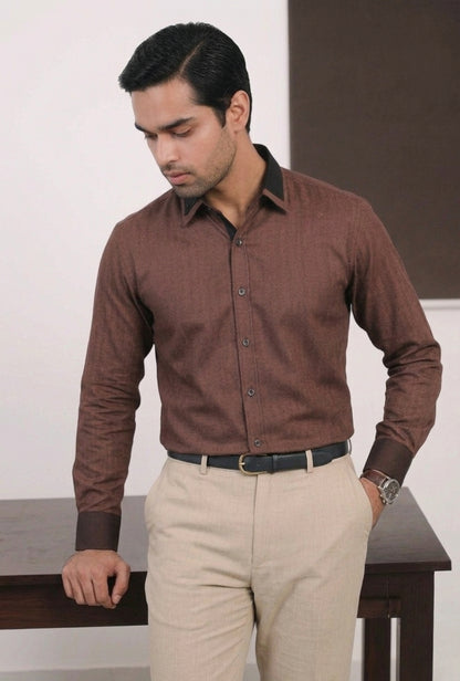 Cotton Linen - Motcha Contrast Collar Shirt