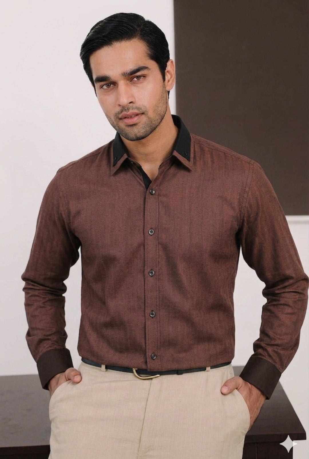 Cotton Linen - Motcha Contrast Collar Shirt