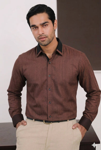Cotton Linen - Motcha Contrast Collar Shirt