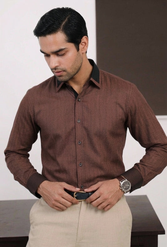 Cotton Linen - Motcha Contrast Collar Shirt