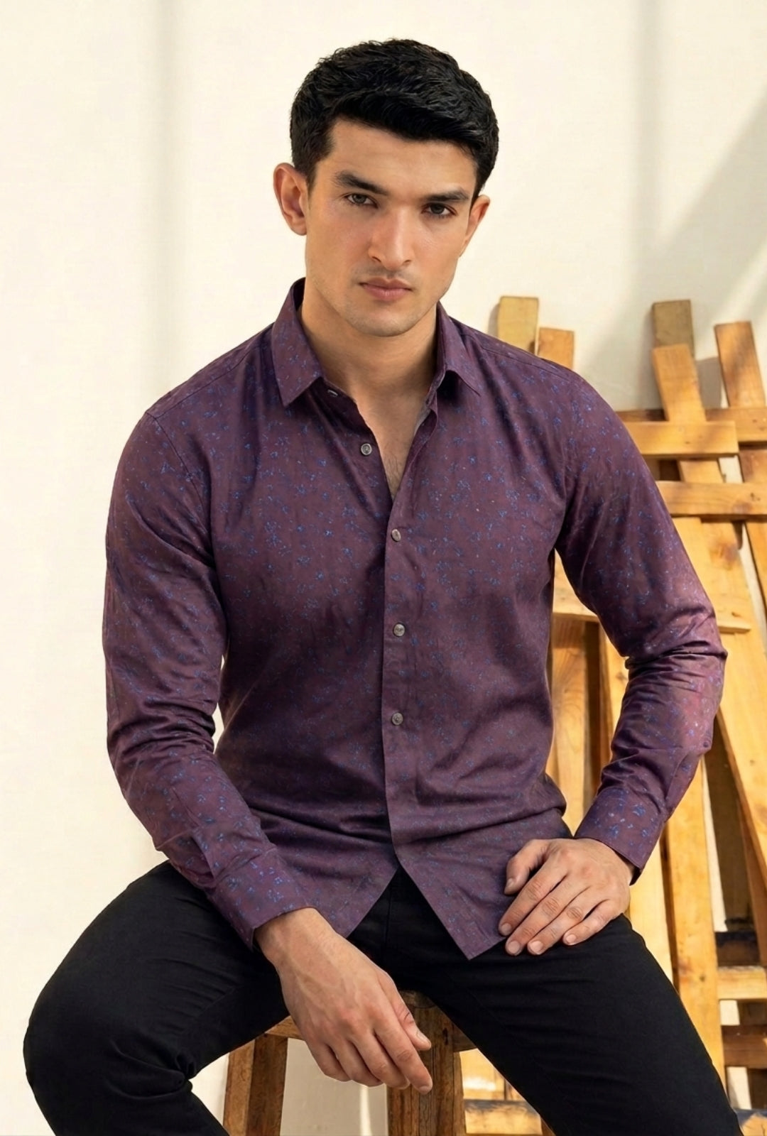 Cotton Mix – Burgundy & Blue Print Shirt