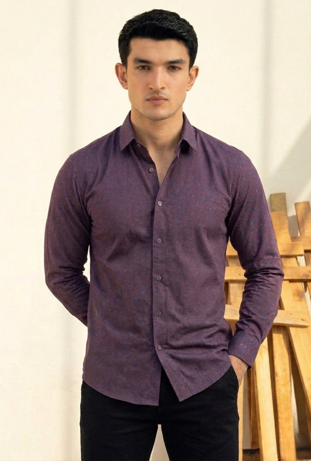 Cotton Mix – Burgundy & Blue Print Shirt