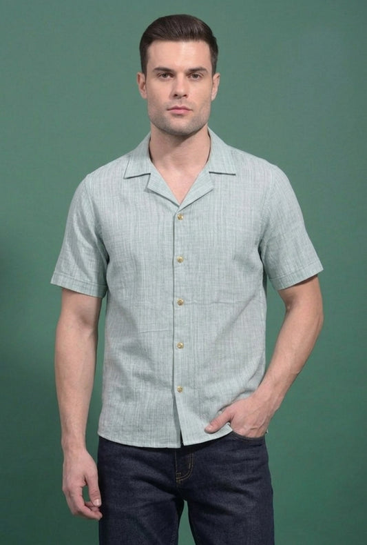 Cotton Linen Cuban Collar shirt –  Green & White Stripes