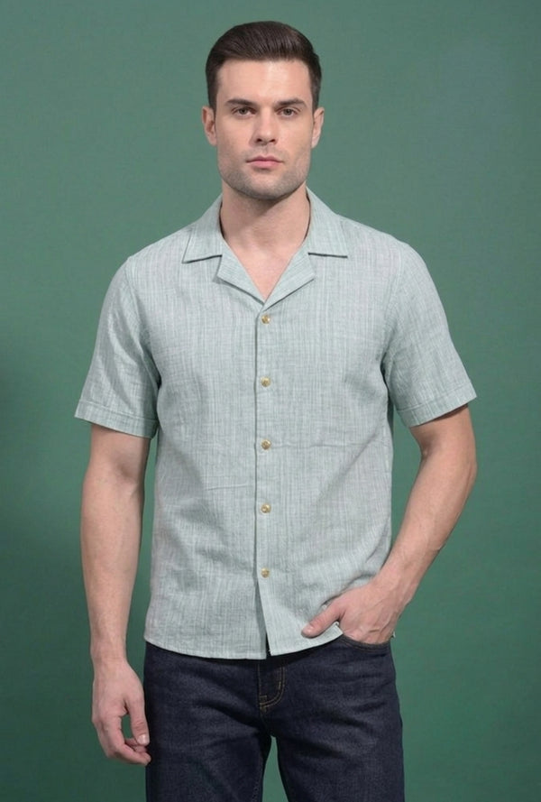Cotton Linen Cuban Collar shirt –  Green & White Stripes
