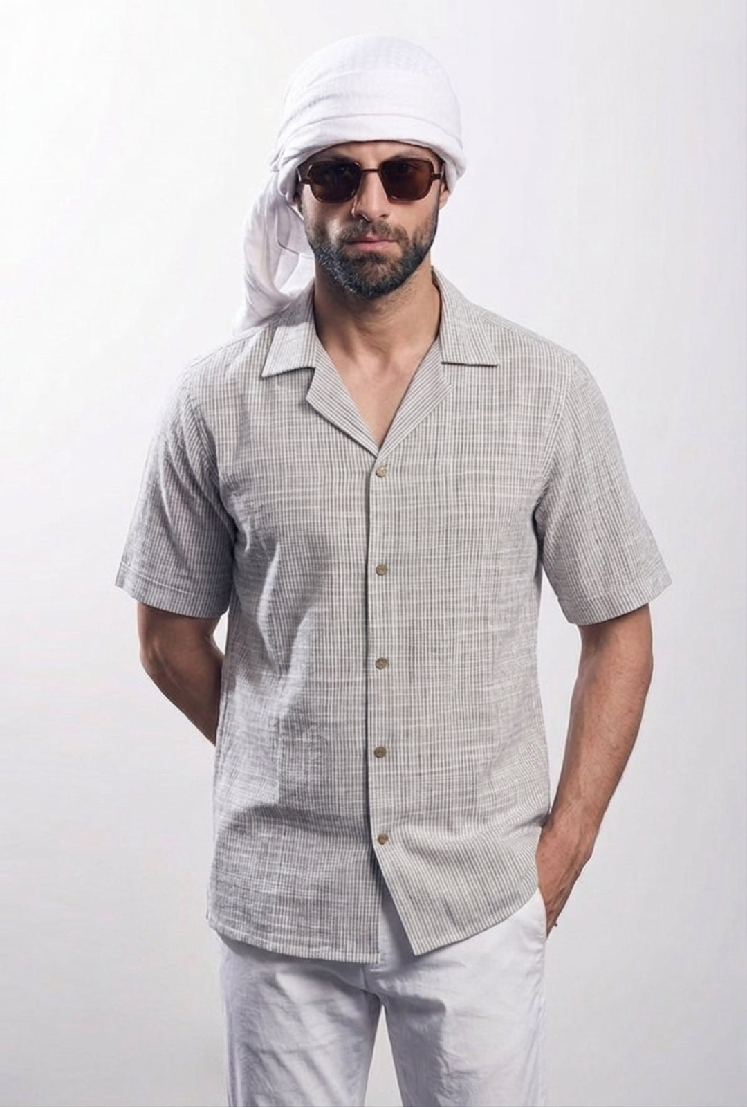 Cotton Linen Cuban Collar – Grey & White Stripes shirt