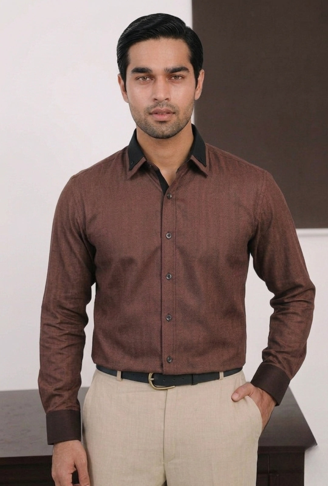 Cotton Linen - Motcha Contrast Collar Shirt