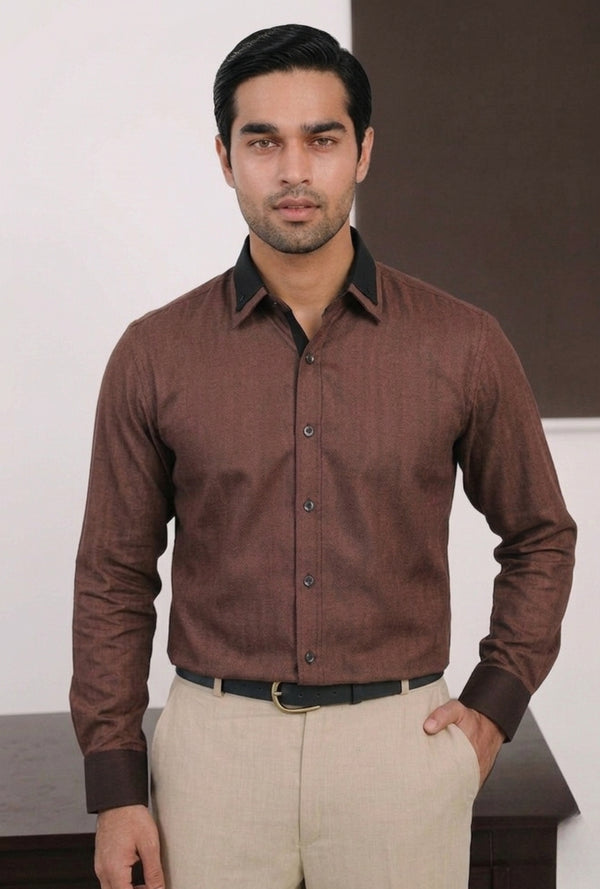Cotton Linen - Motcha Contrast Collar Shirt