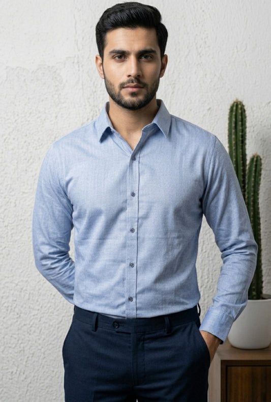 Cotton Linen Dobby – Light Denim Blue shirt